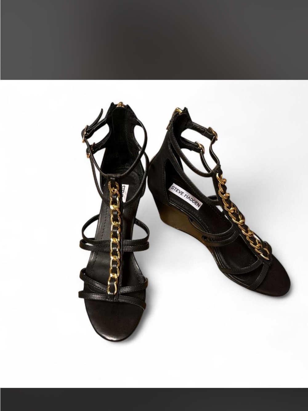 Steve Madden Black Gladiator Sandals with Gold Chain Accent